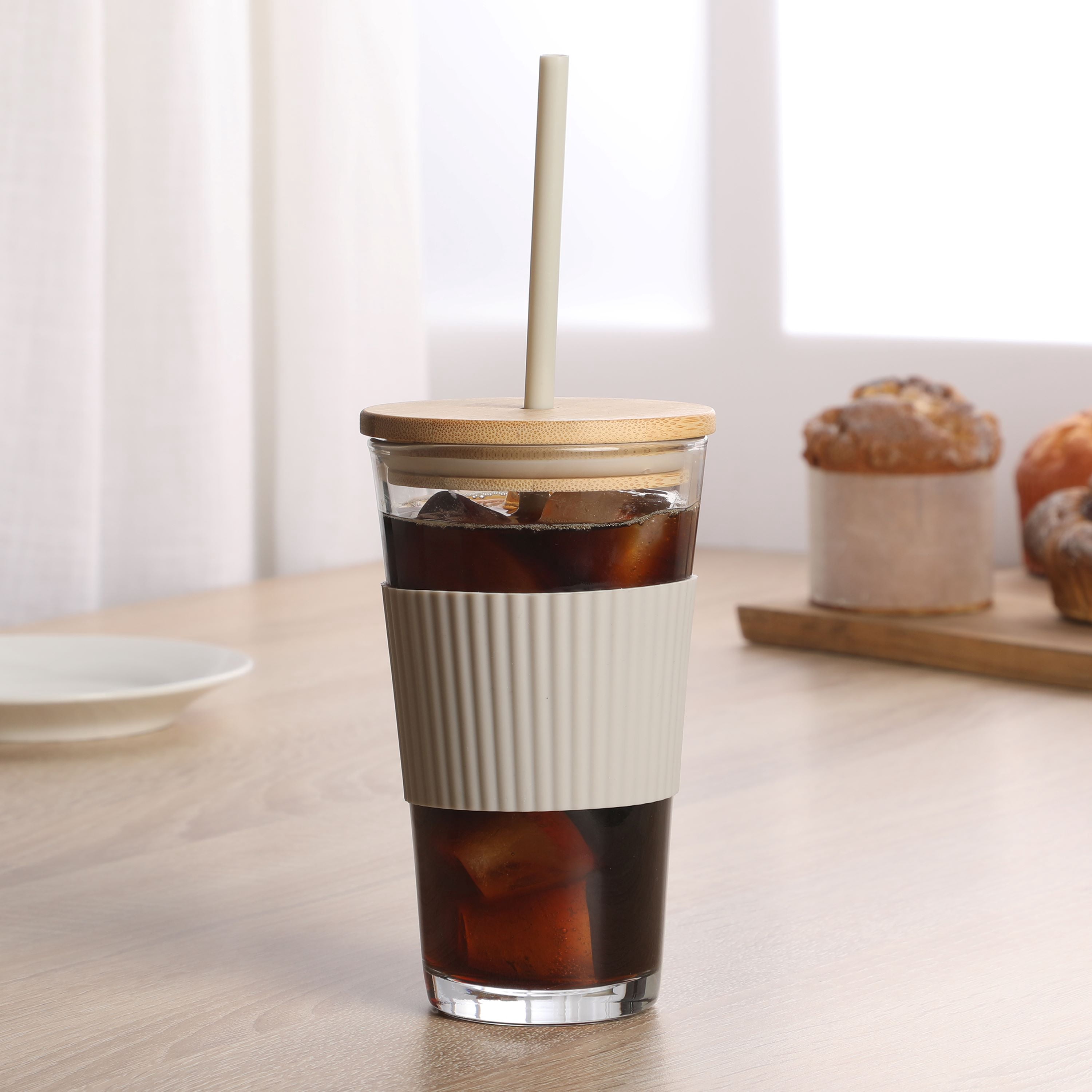 Mainstays 14.5oz Glass Sipper Beige Glass Cup
