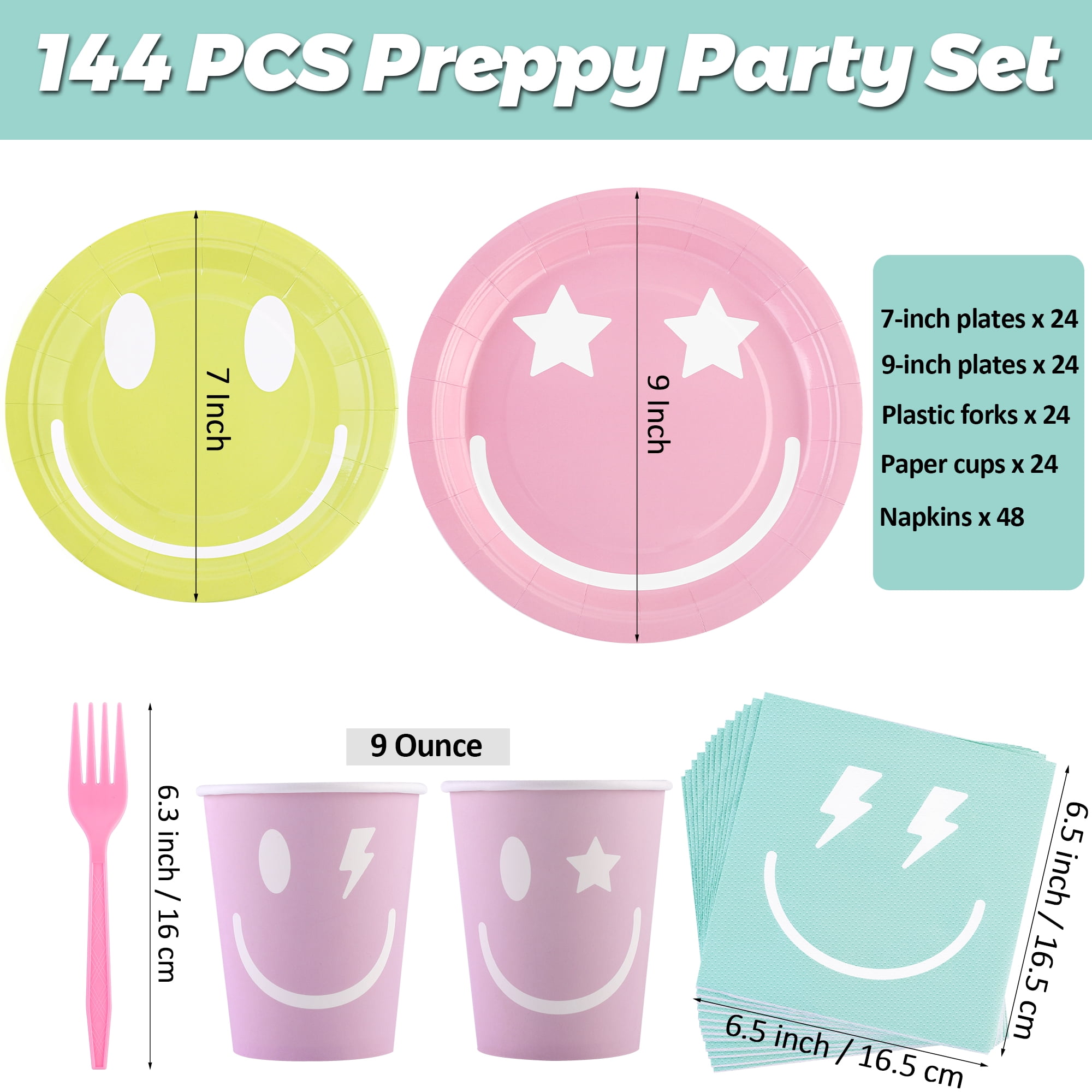 Elcoho 144 Pieces Preppy Smile Face Party Tableware Set Serves 24 Guests Smile Face Paper Plates Napkins Cups and Forks for Preppy Birthday Party Decorations Baby Shower Decor