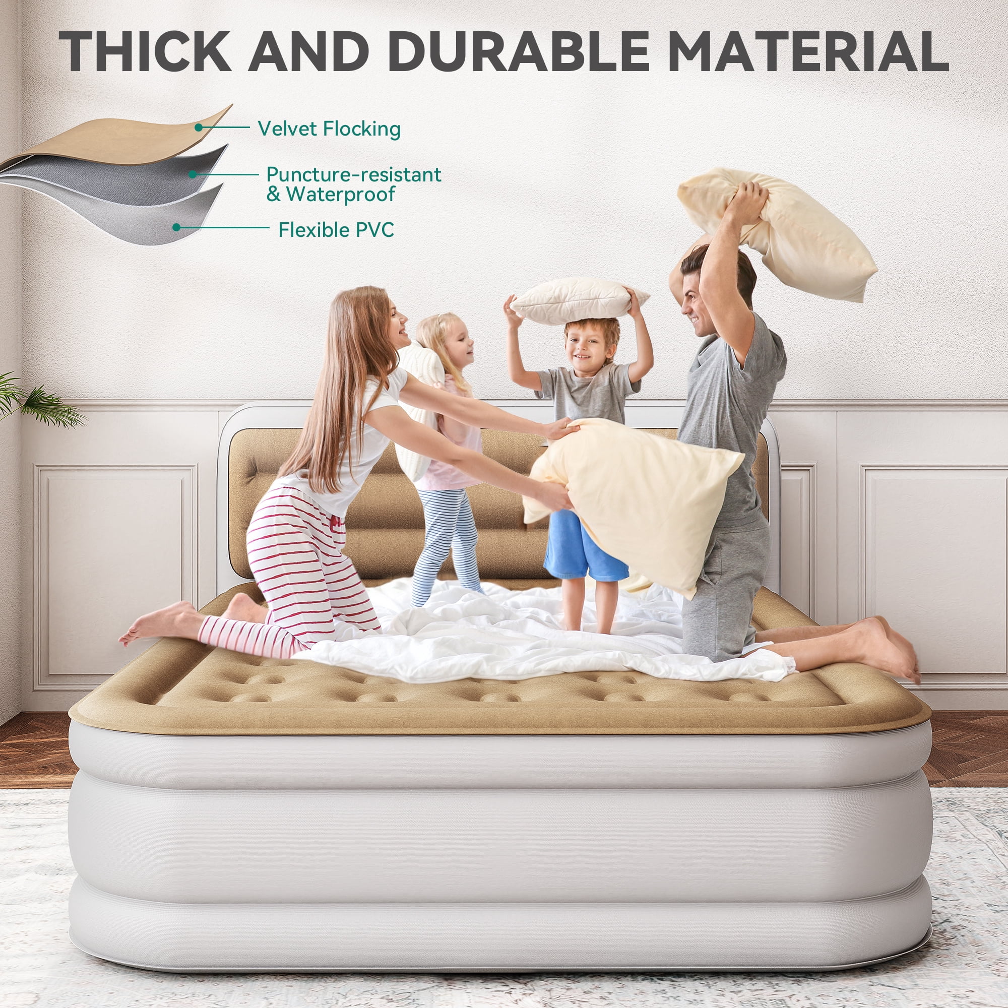 Uforic Queen Size Air Mattress with Pump and Banded Headboard, 18in Luxury Flocked Top Blow up Mattress, Durable Inflatable Mattress for Home & Guests, Khaki Air Bed