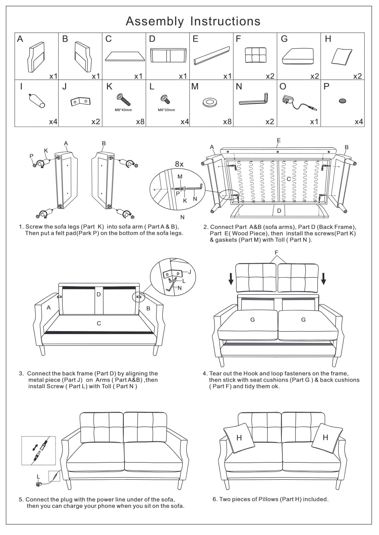 MAYEERTY Stylish 2-Seater Living Space Loveseat: Waterproof, USB Charging, Dark Blue