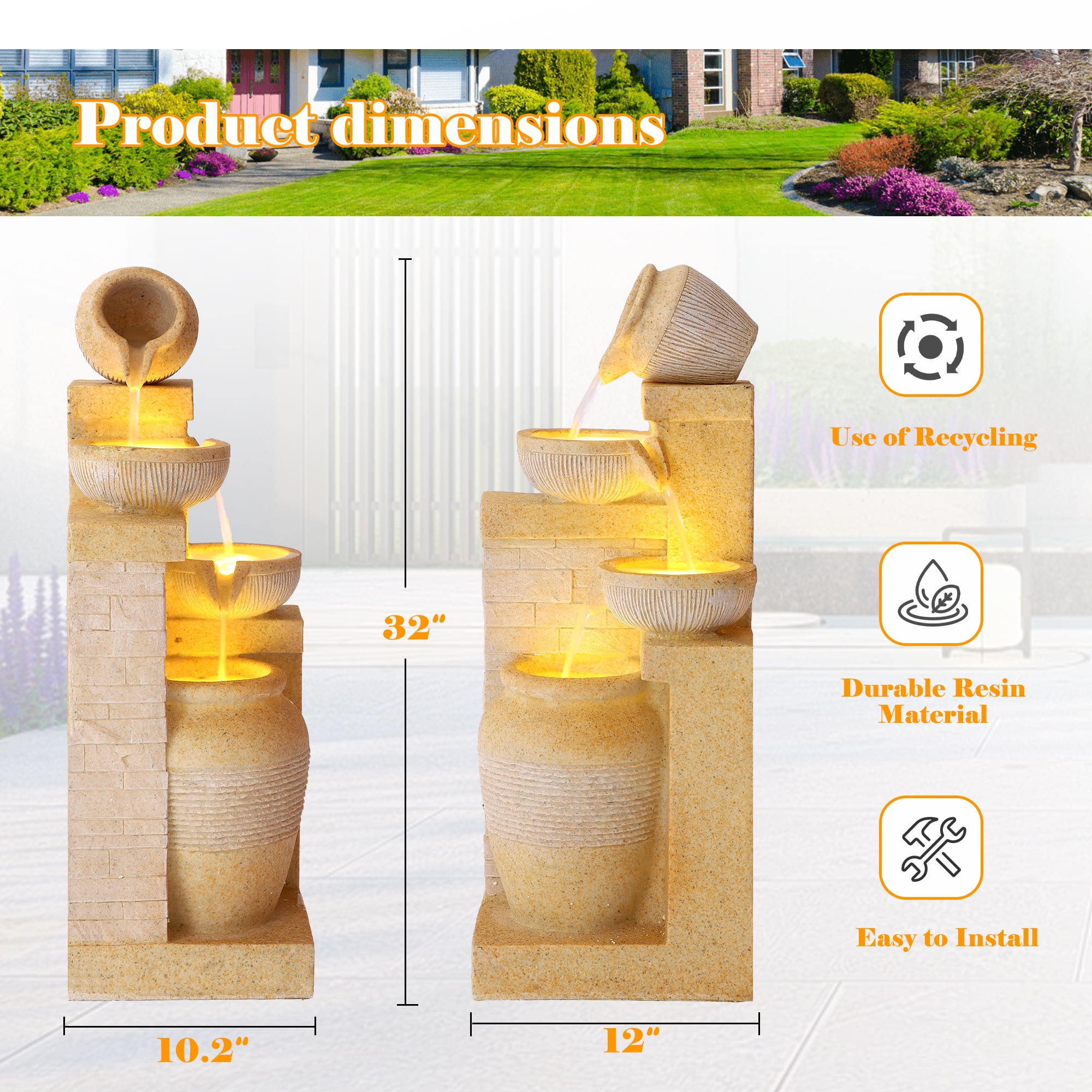 Haverchair 32" Outdoor/Indoor Garden Water Fountains, 4 Tiers Cascading Resin Fountains and Waterfalls with LEDs & Bowls, Modern Floor-Standing Patio Fountain for Porch, Deck, Yard as Home Decor