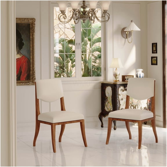 Walnut Finish Upholstered Dining Chairs Set of 2, Traditional Fabric Side Chairs with Curved Back and Hardwood Frame