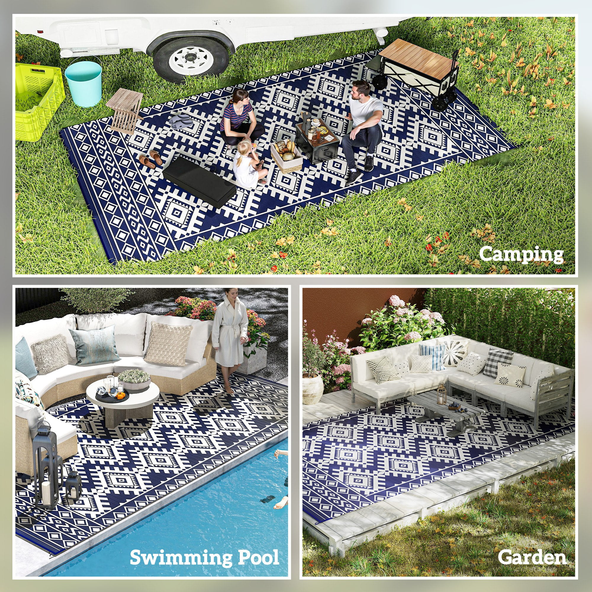 9' x 18' Blue & White Rhombus Border Reversible Outdoor Rug, Waterproof Patio Camping Mat with Carry Bag, Foldable Portable RV Carpet