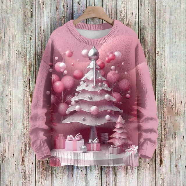 LOVZFMLL Cardigan pour Femmes Col Rond Imprimé de Noël Manches Longues Tricot