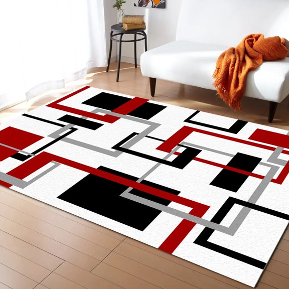 Coral velvet Abstract Geometric Squares Art Black Red Carpet Area Rug Kids Living Room Bedroom Home Play Decoration Large Floor Mat
