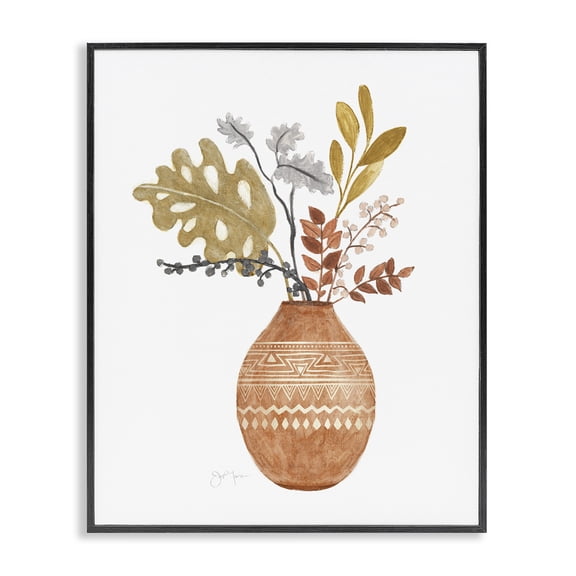 Stupell Industries Eclectic Botanical Plant Still Life Boho Aztec Patterned Vase Black Framed Giclee Art, 11 x 14, by Tava Studios