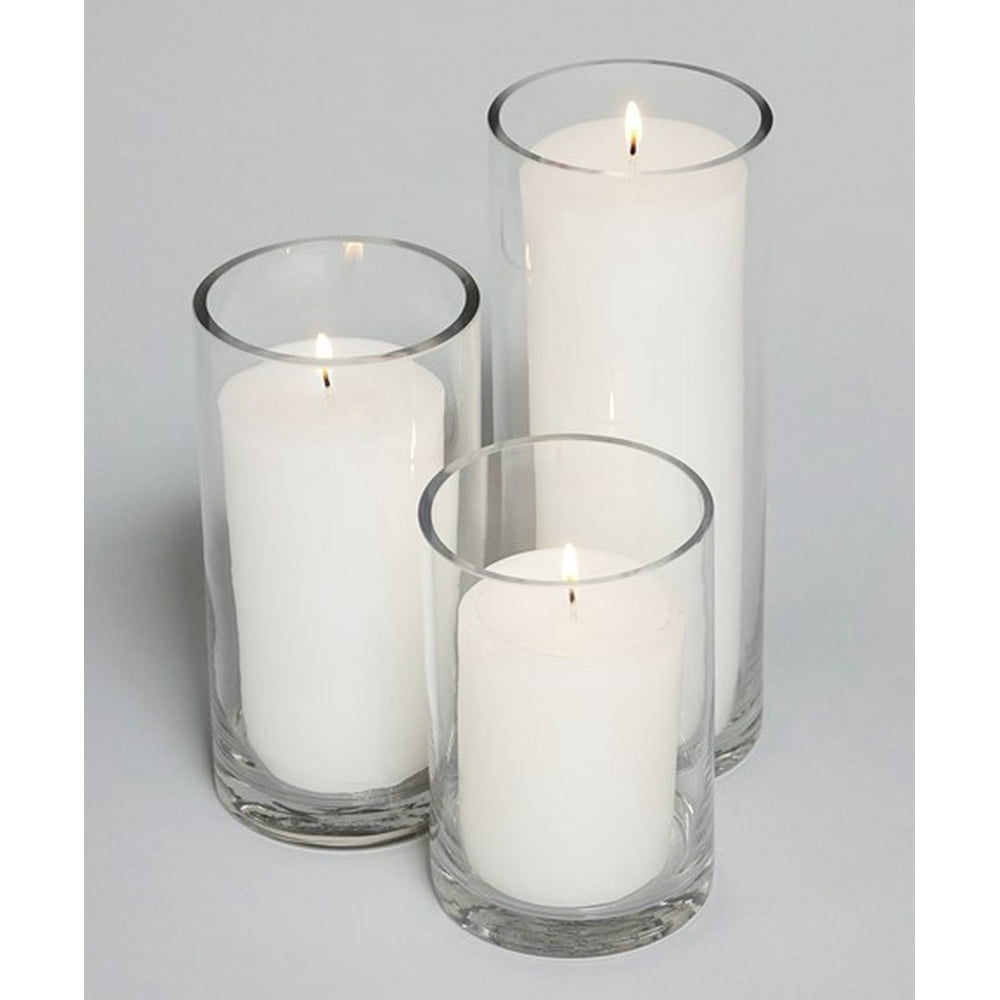 3" White Pillar Candles & 4" Cylinder Vases (3 Candles + 3 Vases