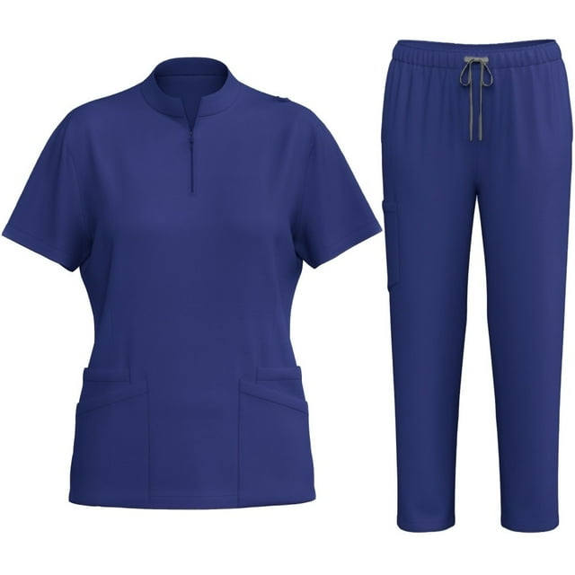 LYMAYTER Women Solid Color Nurse Uniform for S-2XL Summer Top and Drawstring Scrub Pant Zipper Collar Routine Nurse Uniform
