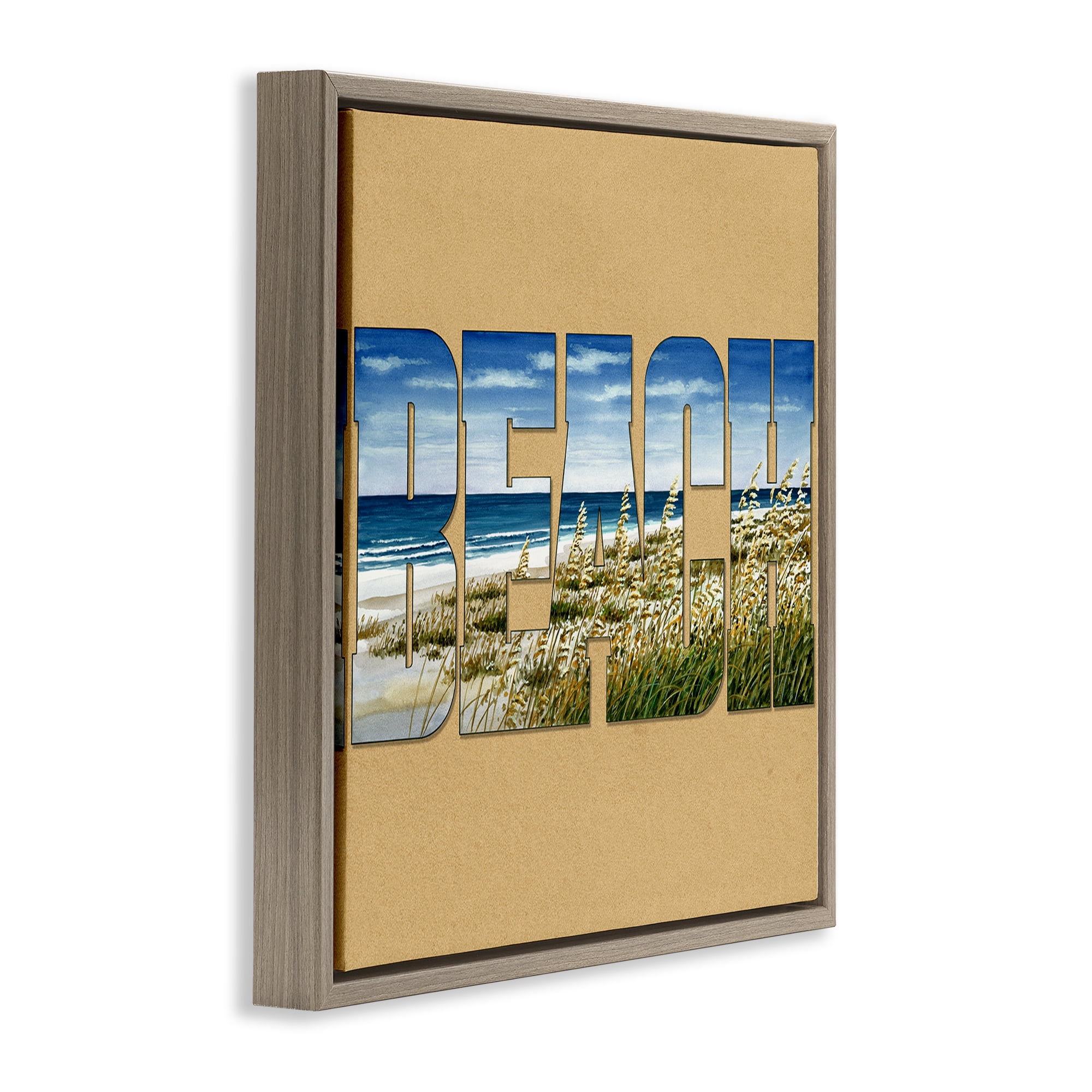 Stupell Industries Grassy Beach View Letters Nautical & Beach Painting Brown Floater Framed Canvas Art Print Wall Art, 18 x 18