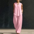 thumbnail image 6 of Mifsaly Linen 2 Piece Set for Women Sleeveless V Neck Button Down Shirt and High Waisted Wide Leg Pants Vacation Beach Summer Matching Lounge Outfits Pink,XXL, 6 of 6