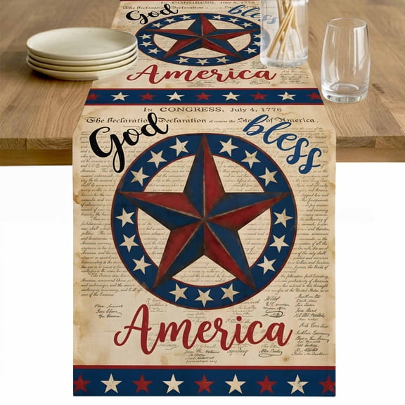 Pastriotic USA Flag Table Runner - 108 Inch Long Texas Star Vintage Brown 4th of July Cotton and Linen Blended Dress Scarves Farmhouse Table Runner for Kitchen Dining, Coffee Table, 13" x 108"