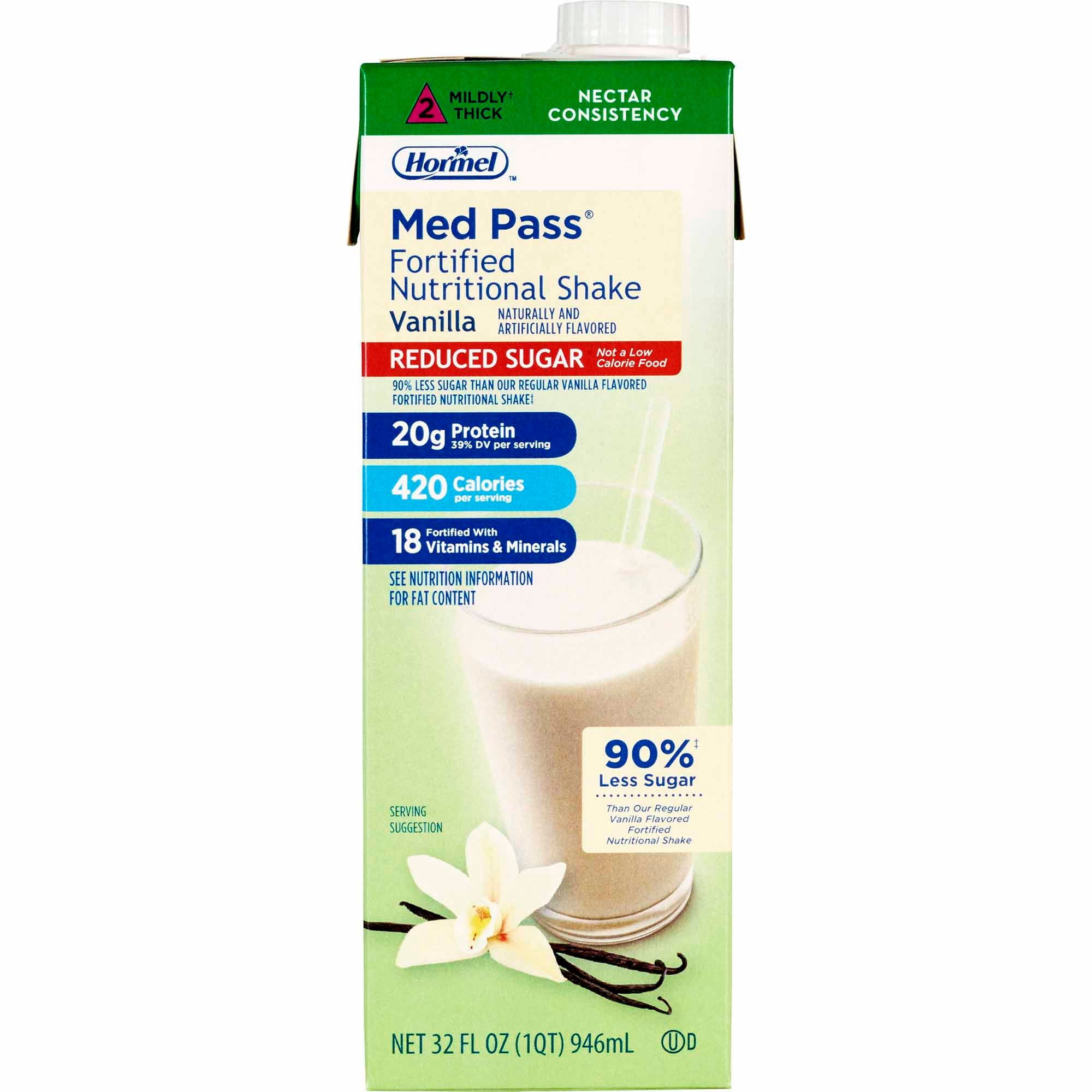 Hormel Med Pass Vanilla Nutritional Shake, Reduced Sugar, 32 oz Carton, 1 Ct