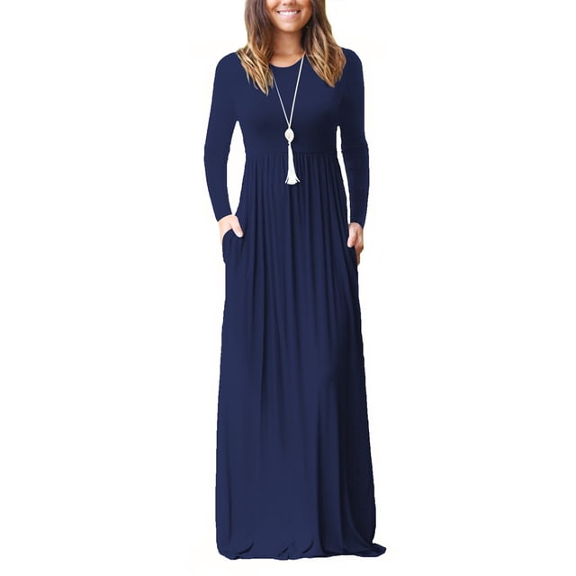 Vestido de manga larga con cuello redondo para mujer, vestidos largos lisos sueltos con bolsillos laterales, vestidos largos informales, azul purpúreo L