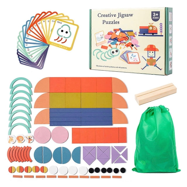 100-Piece Creative Jigsaw Puzzle Matching Tangram Toy Kit with Cards - Geometric Shape Puzzle Educational Brain Teaser for Kids