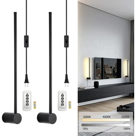 

JSTCL RC Dimmable Modern Plug in Wall Sconce Set of 2 LED Matte Black Wall Light with Plug in Cord On/Off Switch 21 5/8 inches RC Sconces with Memory Function for Background Lighting