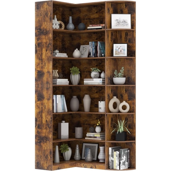 6-Tier L-Shaped Corner Bookshelf, Tall Industrial Etagere Bookcase with Full Anti-Drop Baffle, Modern Open Storage Display Shelf for Bedroom, Living Room, Home Office, Brown