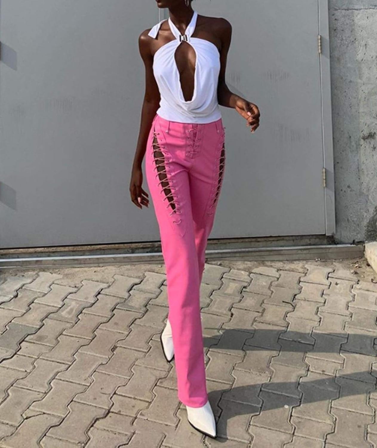 HLSOHJP Women's Lace Up PU Leather Pants Chic High Waist Hollow Out Drawstring Bandage Cut Out Faux Leather Trousers