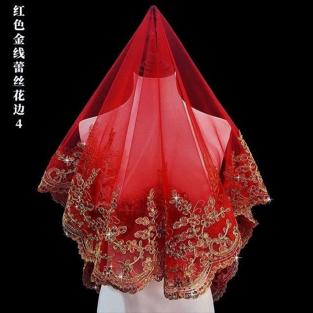 XmhyTop Voile de Mariée avec Couronne de Phénix et Robe Traditionnelle Chinoise Semi-Transparente Rouge