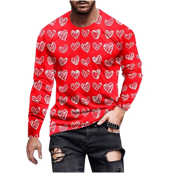 biudgviw Long Sleeve Shirts for Men Valentines Day Heart Print Graphic Tees Workout Casual Festival Crewneck Tops Gifts for Men