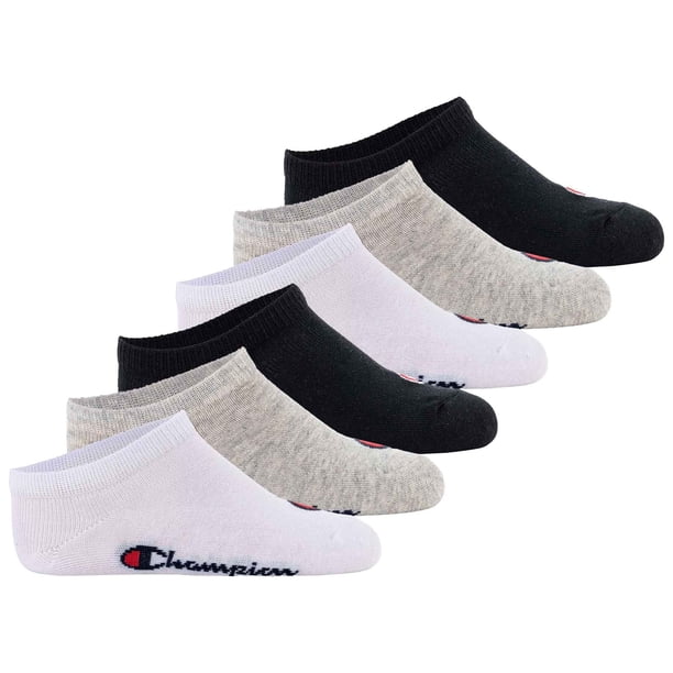 Champion Calcetines para niños, paquete de 6 - calcetines deportivos, logotipo, color liso Negro/Gris/Blanco 27-30