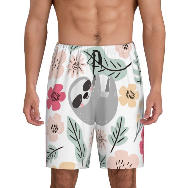 Balery Cute Cartoon Sloth Pantalones cortos de pijama de punto de algodón para hombre con cinturilla y bolsillos-3X-Large