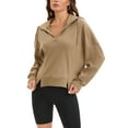 thumbnail image 2 of ATHLECHIC Womens Cropped Hoodie Oversized Sweatshirts Side Slits Half Zip Fall Outfits L Khaki, 2 of 5