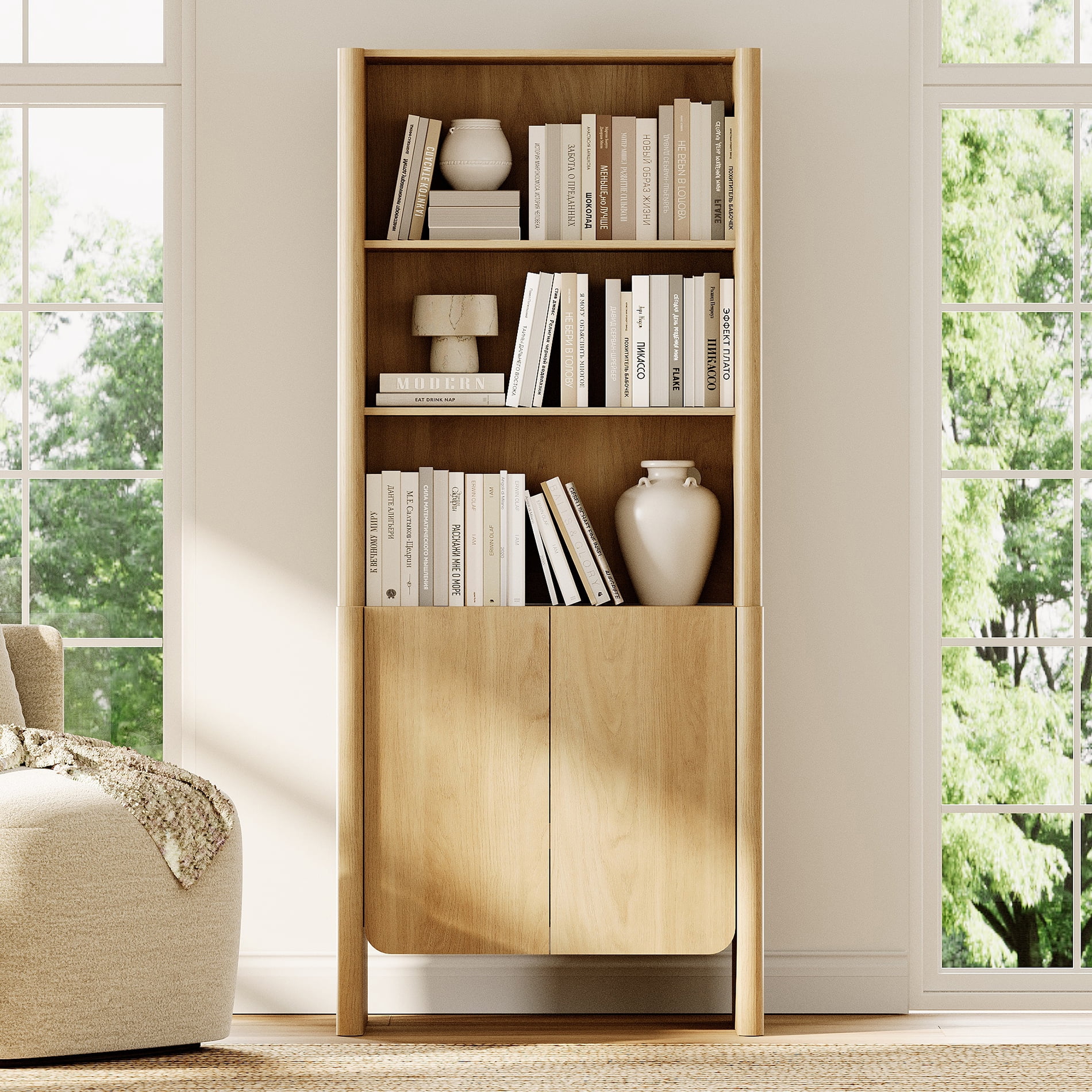 31.5-Inch Modern French Bookcase with Curved Edges, Cabinet Doors and Open Shelves, 72.8" Tall, Oak