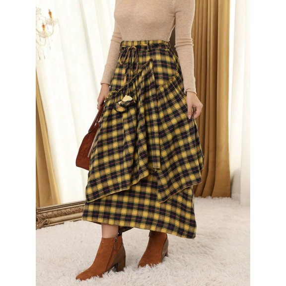 Yellow Tartan Skirt - High Waist Asymmetrical Tiered Hem With Fringe Detail Flowy Design