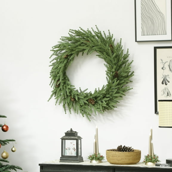 HOMCOM 24 inch Christmas Wreath, Artificial Norfolk Pine Wreath with Pine Cones and Realistic Branches for Door, Wall, Window, Green