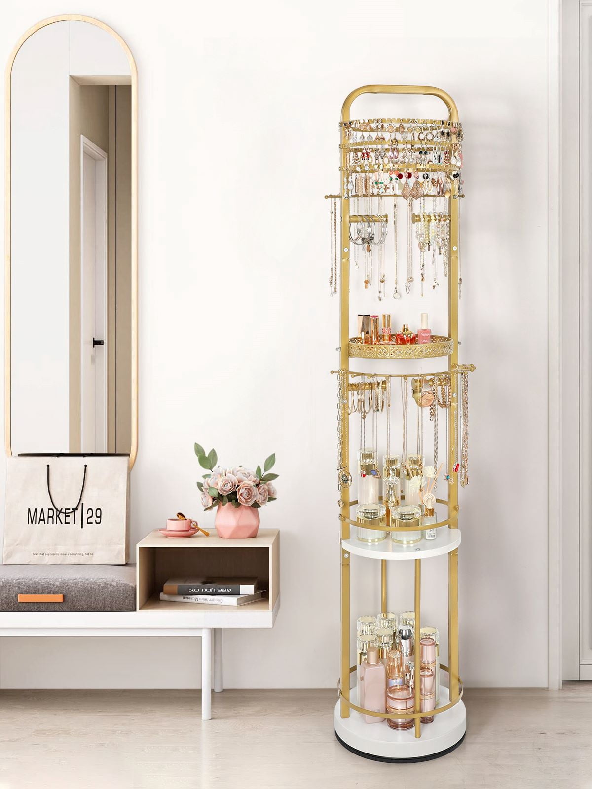 Olakee Rotating Large-Capacity Jewelry Organizer Stand for Earring, Necklace, Bracelet, Ring, Durable Metal & Wood, Girls & Women, Modern, White & Gold
