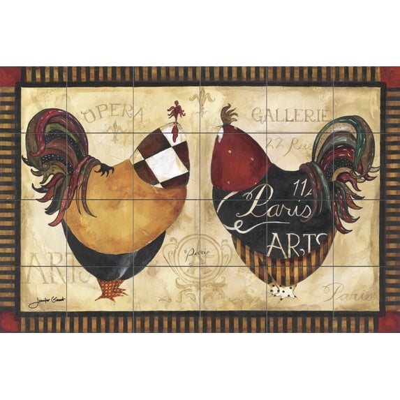 Tile Mural Kitchen Backsplash - Roosters de Paris I - by Jennifer Garant