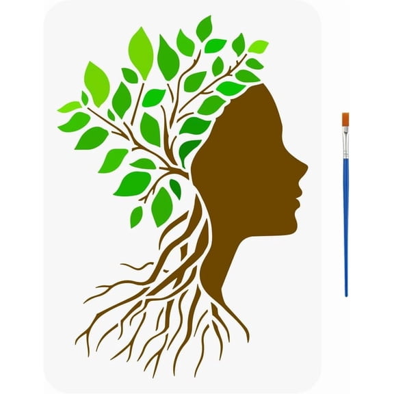 Woman Head Silhouette Stencil with Brush 8.3x11.7inch Tree of Life Template Woman Side Face Stencil Character Theme Template Tree Roots Leaves Stencil for Painting on Wood Clothes