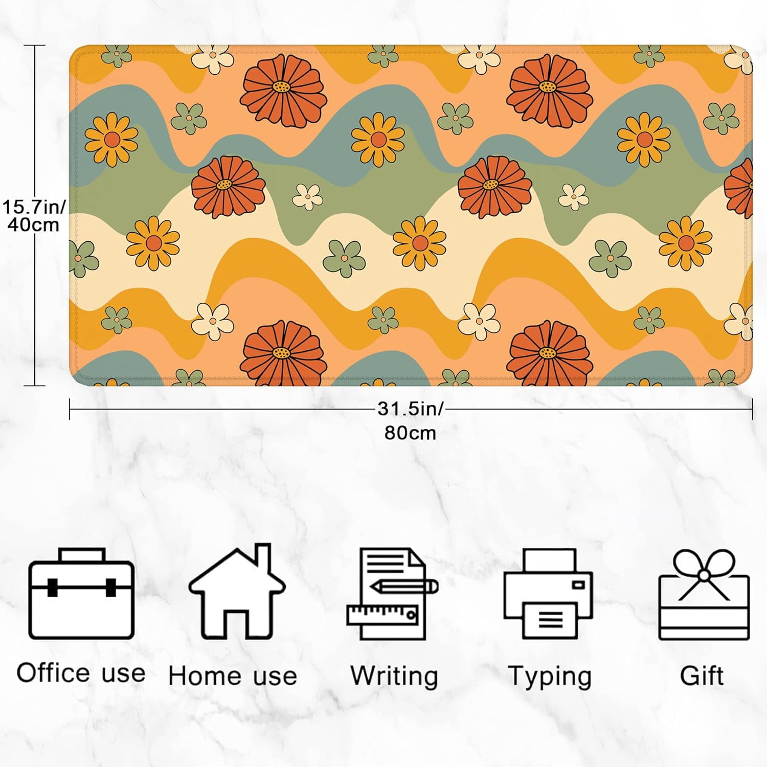 Desk Pad,70s Retro Floral Desk Mat Extended Large for Office Work & Game,Non-Slip Rubber Base and Stitched Edges,Suitable for Offices,Keyboards,Computers and Laptops 31.5" X 15.7"