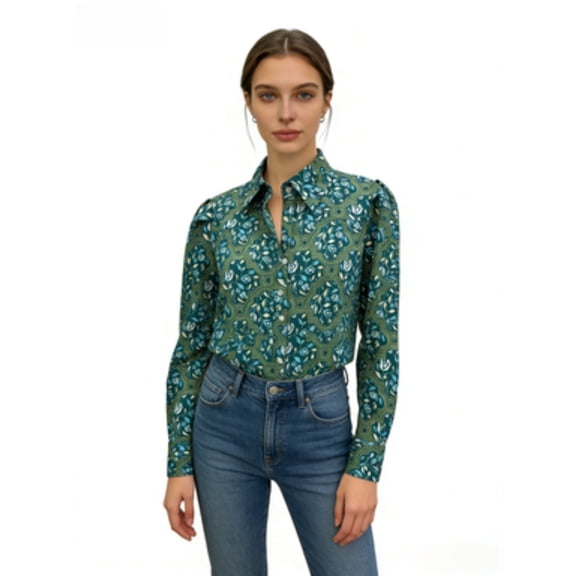 Women's Vintage Floral Print Long Sleeve Button-Down Shirt with Slim Fit Jeans