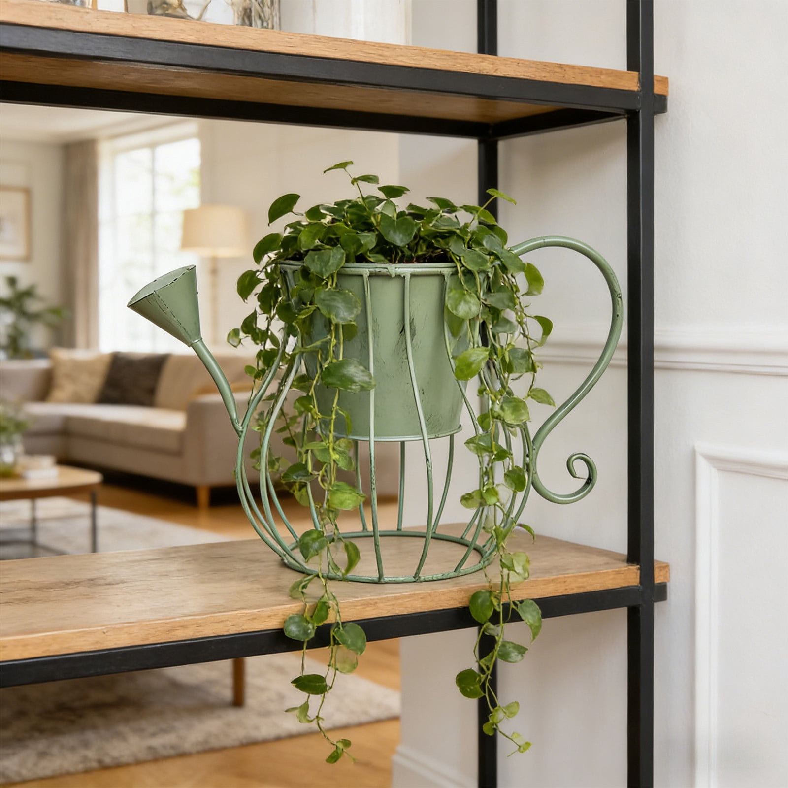 Oioii Wrought Iron Watering Can Shape Flower Pot, Decorative Planter for Garden, Balcony and Patio, Vintage Style Ornament for Potted Plants and Outdoor Home Decoration,Green