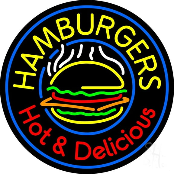 Circle Hamburgers Hot And Delicious LED Neon Sign 18 x 18 - inches, Clear Edge Cut Acrylic Backing, with Dimmer - Bright and Premium built indoor LED Neon Sign for restaurant decor.