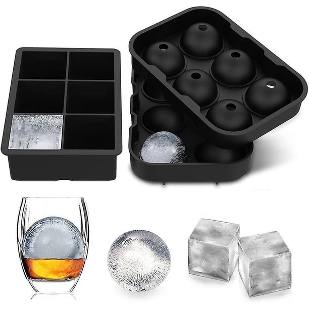 Bandejas grandes para cubitos de hielo, máquina para hacer bolas de hielo con tapas combinadas (juego de 2), esfera de silicona y moldes cuadrados flexibles para cubitos de hielo para cóctel