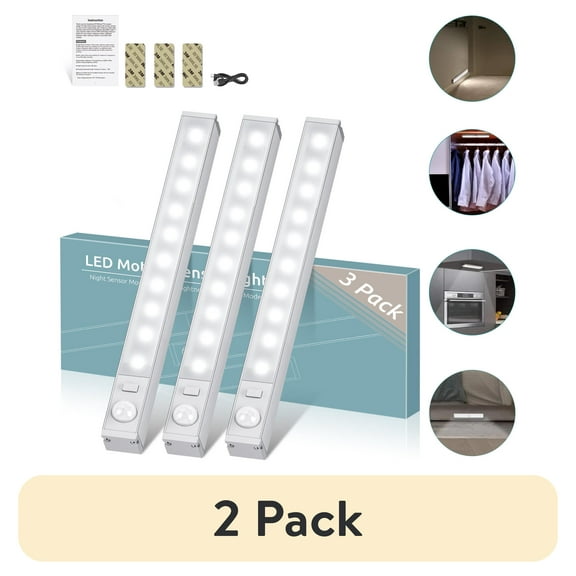 (2 pack) LOFTER-PRO 3 Pack Motion Sensor Light Wireless 10 LED Under Cabinet Lighting Night Light Bar Safe Lights for Kitchen Wardrobe Closets Cupboard Stairs