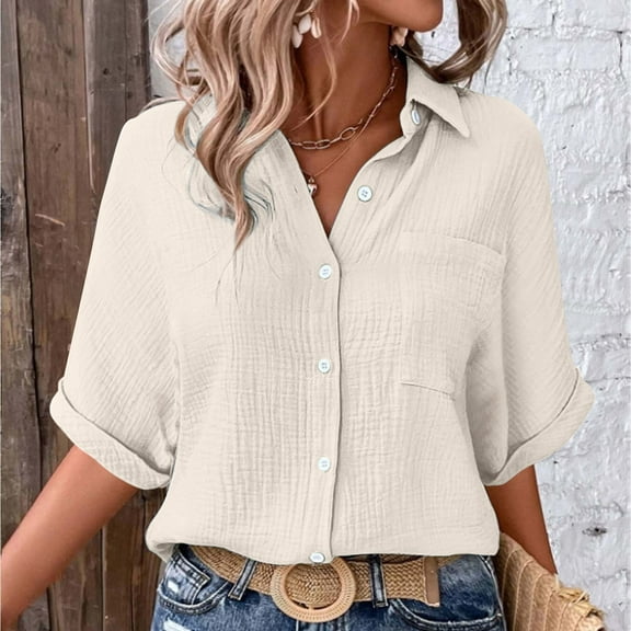 Pxiakgy Women Linen Shirts Button Down Cotton Short Sleeve Blouses V Neck Collared Button-Up Gauze Tops Wrinkled Fabric Blouse Fashionable and Casual Single Pocket Slit Mid Sleeved Top Shirt Beige L