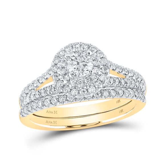 14K Yellow Gold Round Dia. Halo Bridal Wedding Ring Band Set 1ctw, Women's Size: 5-10