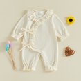 thumbnail image 3 of Cjfdfy Newborn Baby Girl Fall Romper Outfit Ribbed Knit Solid Color V-neck Long Sleeve Bodysuits With Ruffle Trim Bows Side Snaps Infant Cute Coming Home Clothes 0-6M, 3 of 9