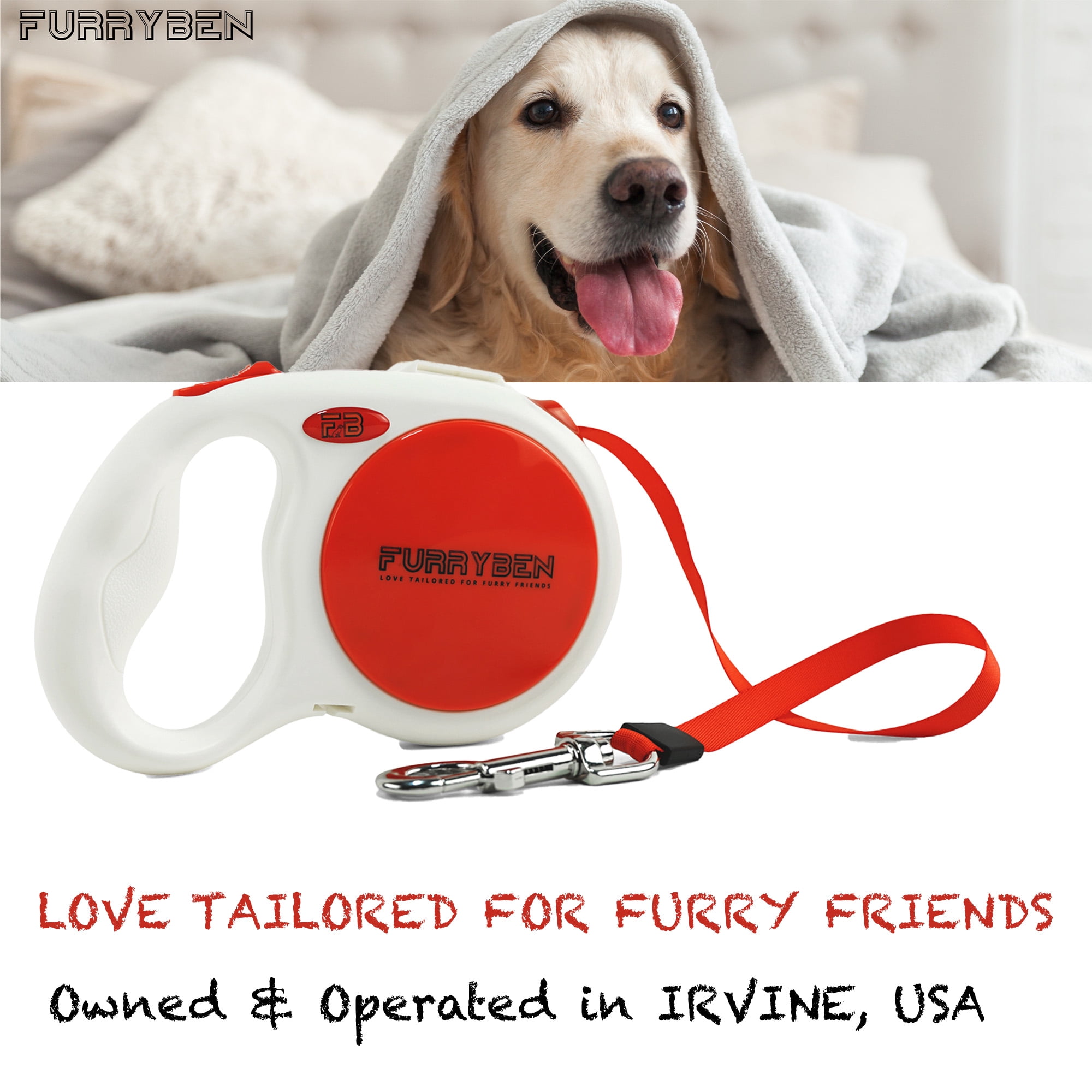 FURRYBEN Retractable Dog Leash | 16 ft Strong Nylon Tape | One-Click Brake, Pause, Lock (Blue)