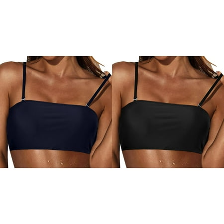 (2-Pack) Kcodviy Women Removable Shoulder Strap Bikini Tops for Women Large Bust Supportive Swimwear Tops Strapless Bikini Bathing Suit Bottoms Medium Top Bandeau Swim Top Tube Top Swimsuit Blouse