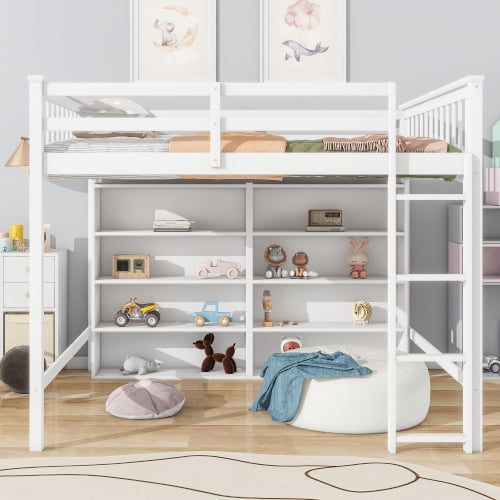 Full Size Loft Bed with 8 Open Storage Shelves, Built-in Ladder - Modern Space Saving Wood Loft Bed for Small Space, Bedroom, Dorm, Study Area, White