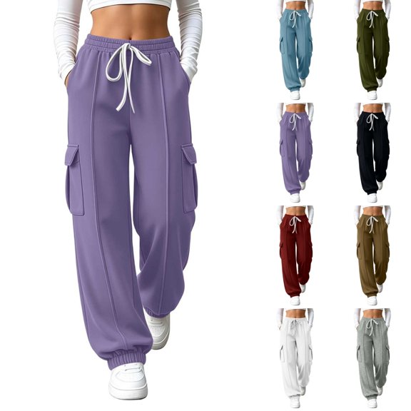 Qingpeng Womens Elastic Drawstring Waisted Cargo Jogger Sweatpants Flap Cargo Pockets Vertical Seam Soft Knit Casual Streetwear Pants for Women