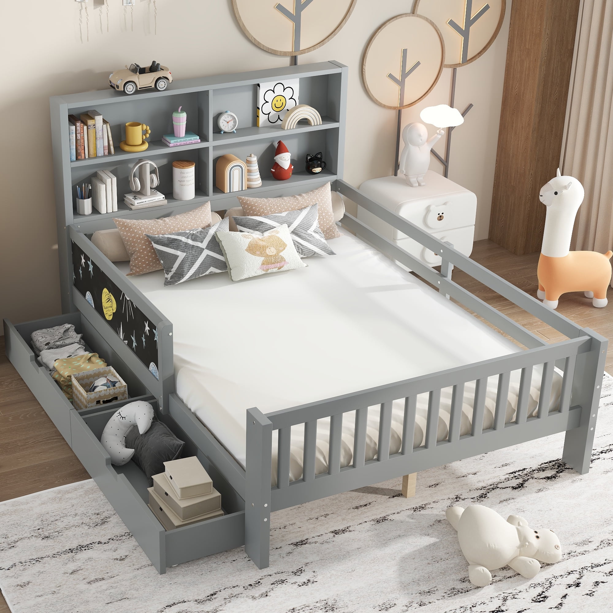 Mintazer Full Kids Platform Bed with Storage Headboard Shelves and Chalkboard, Wood Slat Support Storage Bed with 2 Drawers & Satety Fence for Boys Girls, Gray