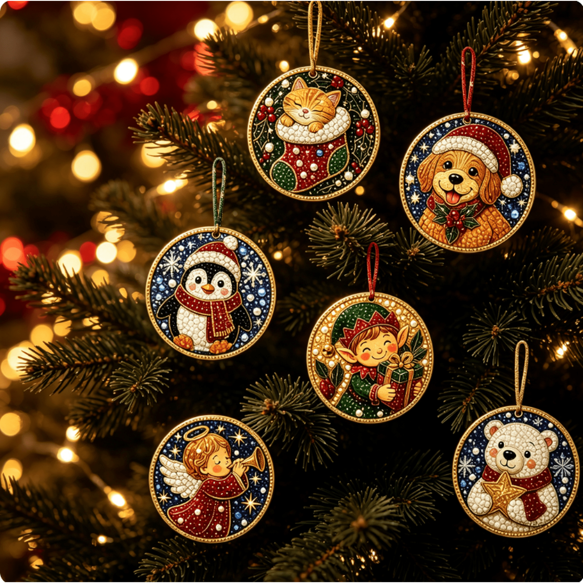 6 Pcs DIY Christmas Diamond Art Painting Hanging Ornaments Kit Christmas Tree Hanging Pendant Complete Accessory Pack for DIY Holiday Decor Making E Style