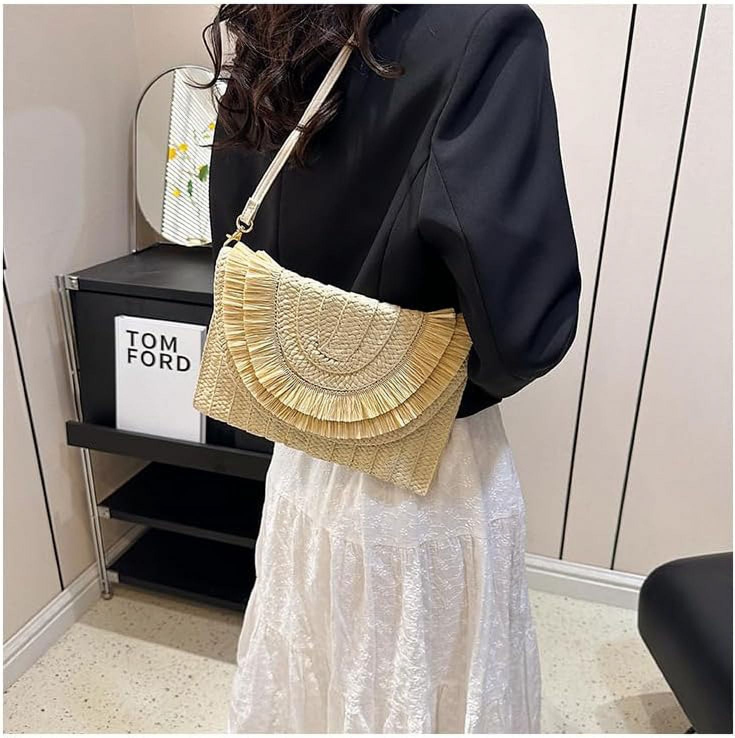 Crossbody Bags for Women, Straw Clutch Purses, Bohemian Handmade Woven Envelope Package, Tassel Handbags for Women