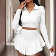 thumbnail image 2 of MORTTIC Women's Elegant Long Sleeve Crop Top & Short Skirt Two-Piece Set Casual Summer Outfit with Cardigan Collar, 2 of 4