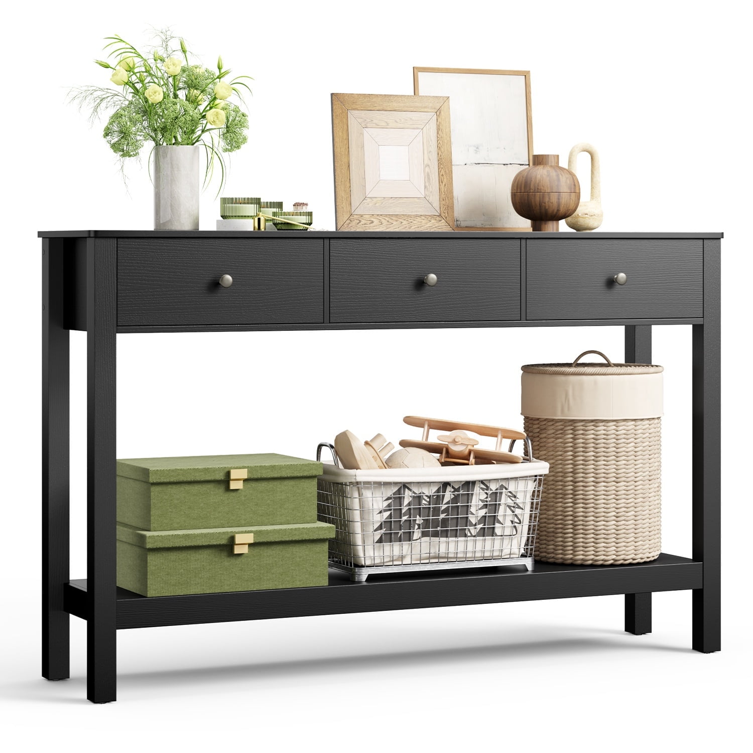 Asofer 3 Drawer Wooden Sofa Table, Modern Accent Console Table with Metal Round Handles for Entrance Hall, Black